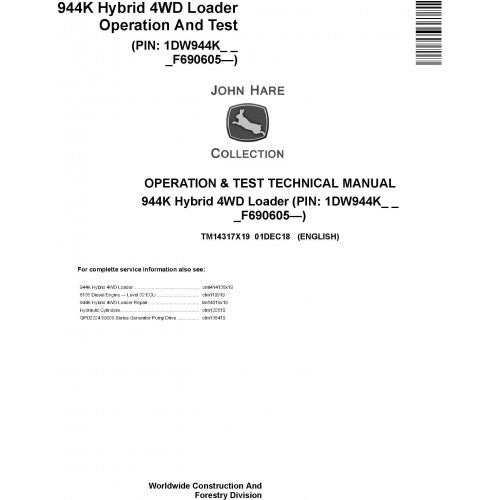 John Deere 944K Hybrid 4WD Loader Operation and Tests Technical Service Manual Pdf - TM14317X19