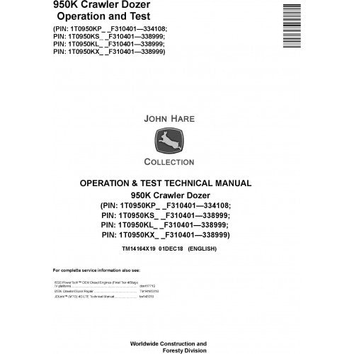 John Deere 950K Crawler Dozer Diagnostic, Operation and Tests Service Manual Pdf - TM14164X19