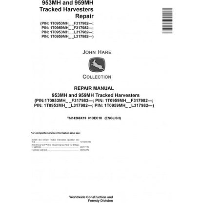 John Deere 953MH, 959MH Tracked Harvester Service Repair Technical Manual TM14266X19 2