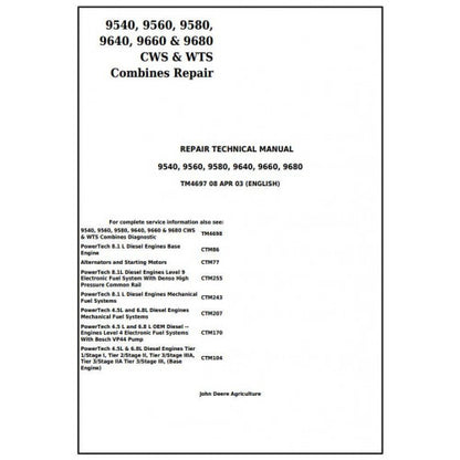 John Deere 9540, 9560, 9580, 9640, 9660, 9680 CWS/WTS Combines Service Repair Technical Manual Pdf TM4697 2