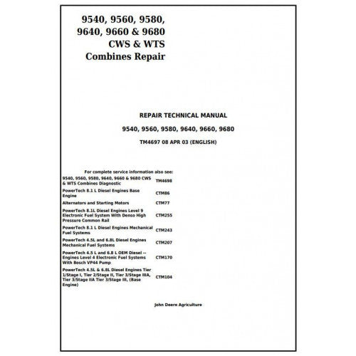 John Deere 9540, 9560, 9580, 9640, 9660, 9680 CWS/WTS Combines Service Repair Technical Manual Pdf TM4697