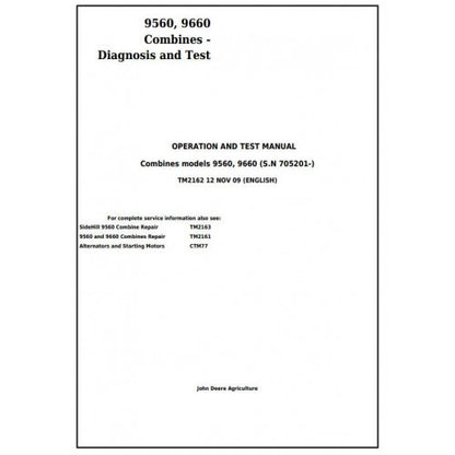 John Deere 9560, 9660 Combines (SN. 705201-) Diagnostic, Operation and Test Service Manual Pdf - TM2162