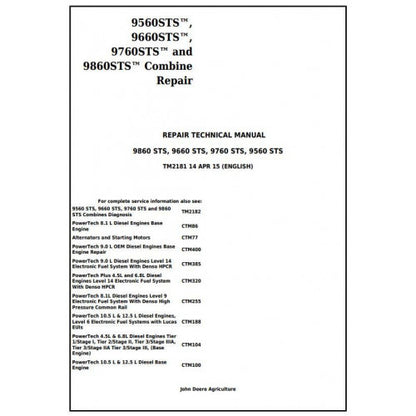 John Deere 9560 STS, 9660 STS, 9760 STS, 9860 STS Combine Service Repair Technical Manual Pdf TM2181 2