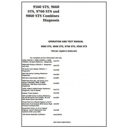 John Deere 9560STS, 9660STS, 9760STS and 9860STS Combines Diagnosis, Operation Test Service Manual Pdf - TM2182