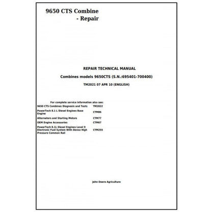 John Deere 9650 CTS Combines Service Repair Technical Manual Pdf TM2021 2