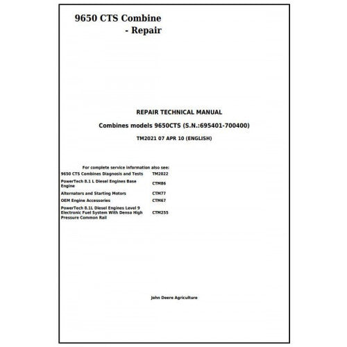 John Deere 9650 CTS Combines Service Repair Technical Manual Pdf TM2021