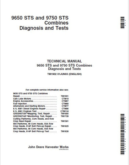 John Deere 9650 STS, 9750 STS Combines Diagnostic And Test Service Manual Pdf TM1902