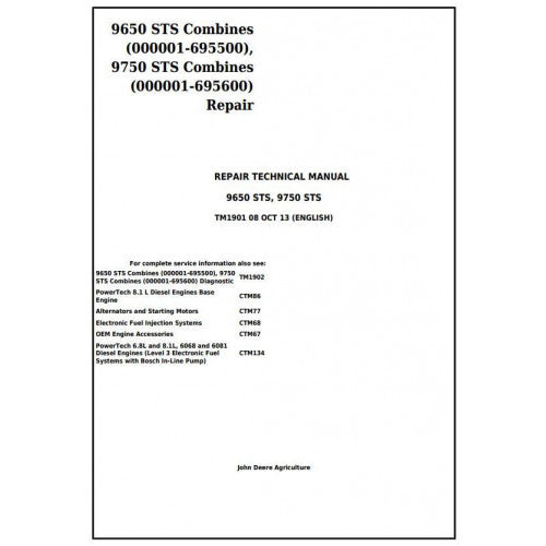 John Deere 9650 STS, 9750 STS Combines Service Repair Technical Manual Pdf TM1901 2