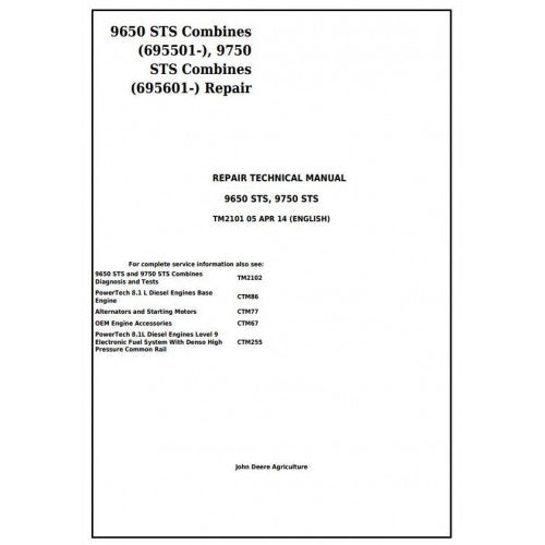 John Deere 9650STS, 9750STS Combines Service Repair Technical Manual Pdf TM2101