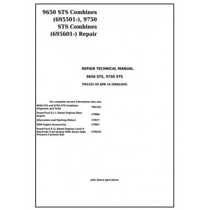 John Deere 9650STS, 9750STS Combines Service Repair Technical Manual Pdf TM2101 2