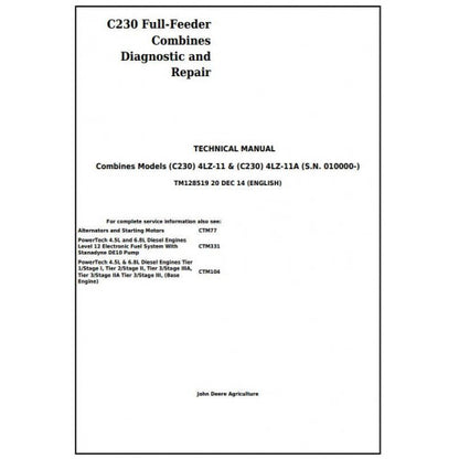 John Deere C230 Full-Feeder Combine Diagnostic and Service Repair Technical Manual Pdf TM128519 2