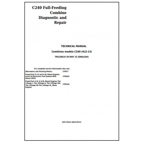 John Deere C240 Full-Feeding Combine Diagnostic and Service Repair Technical Manual Pdf TM136619