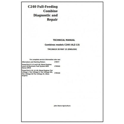 John Deere C240 Full-Feeding Combine Diagnostic and Service Repair Technical Manual Pdf TM136619 2