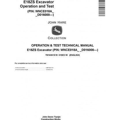 John Deere E18ZS Excavator Operation and Tests Technical Manual Pdf - TM14361X19 2