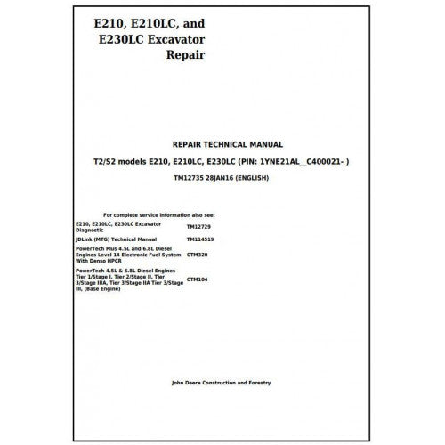 John Deere E210, E210LC And E230LC Excavator Service Repair Technical Manual - TM12735 2