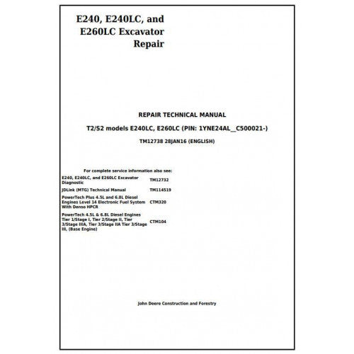 John Deere E240, E240LC And E260LC Excavator Service Repair Technical Manual - TM12738