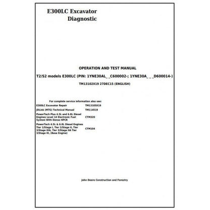 John Deere E300LC Excavator Diagnostic, Operation and Tests Service Manual Pdf - TM13102X19