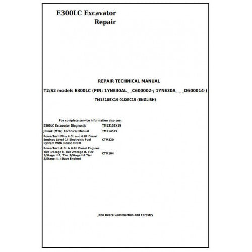 John Deere E300LC Excavator Service Repair Technical Manual - TM13105X19