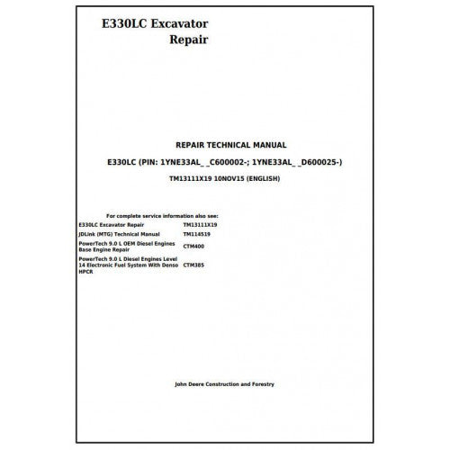 John Deere E330LC Excavator Service Repair Technical Manual Pdf - TM13111X19