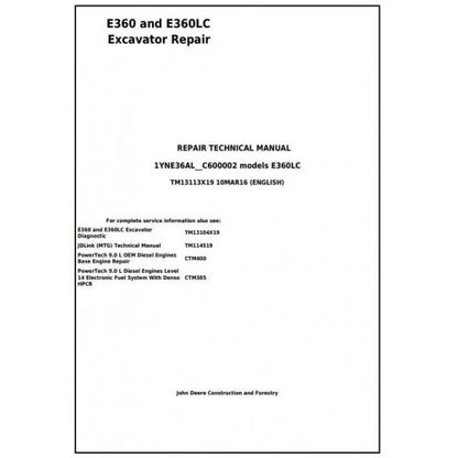 John Deere E360 And E360LC Excavator Pdf Service Repair Technical Manual - TM13113X19 2