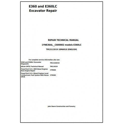 John Deere E360 And E360LC Excavator Pdf Service Repair Technical Manual - TM13113X19