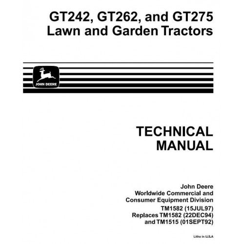 John Deere GT242, GT262 and GT275 Lawn and Garden Tractors All Inclusive Pdf Repair Service Technical Manual TM1582