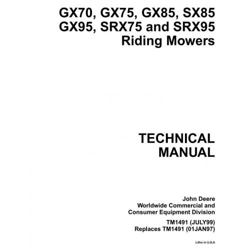 John Deere GX70, GX75, GX85, GX95, SRX75, SRX95, SX85 Riding Mowers Pdf Repair Service Technical Manual TM1491