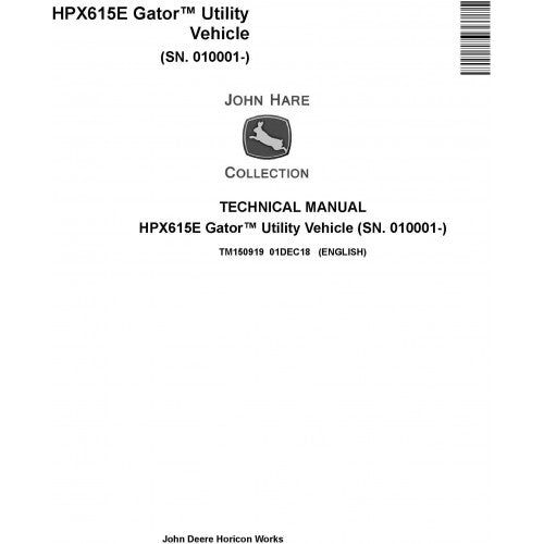 John Deere HPX615E Gator Utility Vehicle Pdf Repair Service Technical Manual TM150919