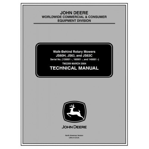 John Deere JS63 , JS63C, S60H Walk-behind Rotary Mowers Pdf Repair Service Technical Manual TM2209