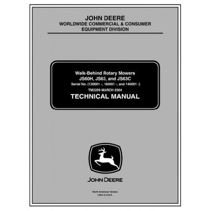 John Deere JS63 , JS63C, S60H Walk-behind Rotary Mowers Pdf Repair Service Technical Manual TM2209