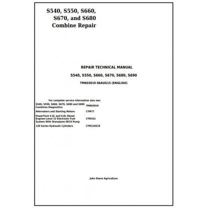 John Deere S540, S550, S660, S670, S680, S690 Combine Service Repair Technical Manual Pdf TM803819