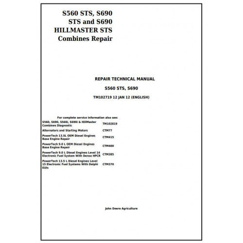 John Deere S560 STS, S690 STS and S690 Hillmaster STS Combines Service Repair Technical Manual Pdf TM102719