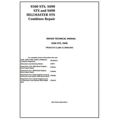 John Deere S560 STS, S690 STS and S690 Hillmaster STS Combines Service Repair Technical Manual Pdf TM100419 2