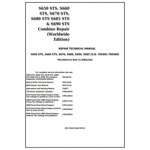 John Deere S650, S660, S670, S680, S685, S690 STS Combines Service Repair Technical Manual Pdf TM120819 2