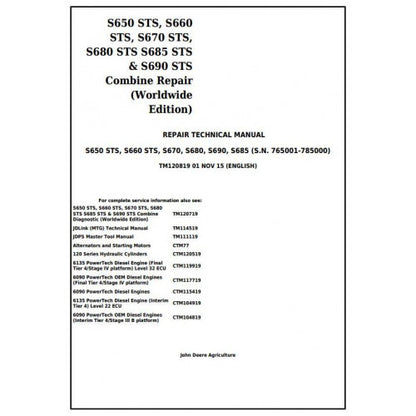 John Deere S650, S660, S670, S680, S685, S690 STS Combines Service Repair Technical Manual Pdf TM120819 2