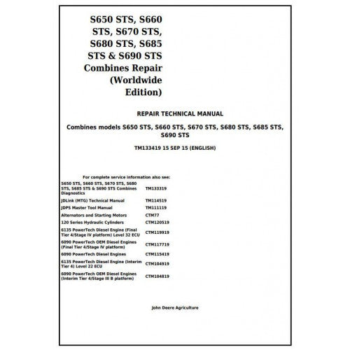 John Deere S650STS, S660STS, S670STS, S680STS, S685STS, S690STS Combines Service Repair Technical Manual Pdf TM133419 2