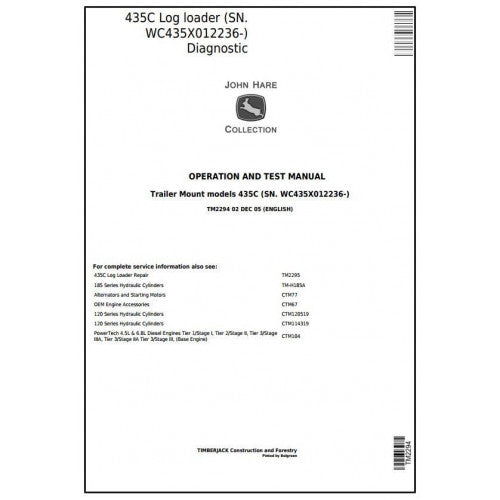 John Deere Timberjack 435C Trailer Mount Log Loader Diagnostic, Operation and Tests Service Manual Pdf - TM2294