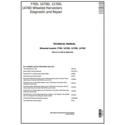 John Deere Timberjack 770D, 1070D, 1270D, 1470D Harvester Diagnostic and Repair Technical Service Manual Pdf - TM2122