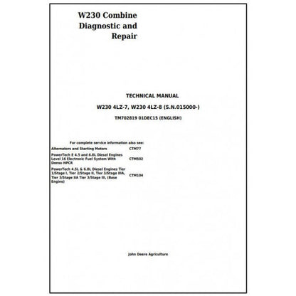 John Deere W230 Combine Diagnostic and Repair Technical Manual Pdf TM702819