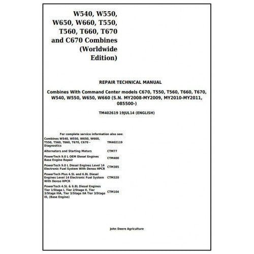 John Deere W540, W550, W650, W660, T550, T560, T660, T670, C670 Combine Service Repair Technical Manual Pdf TM402619 2