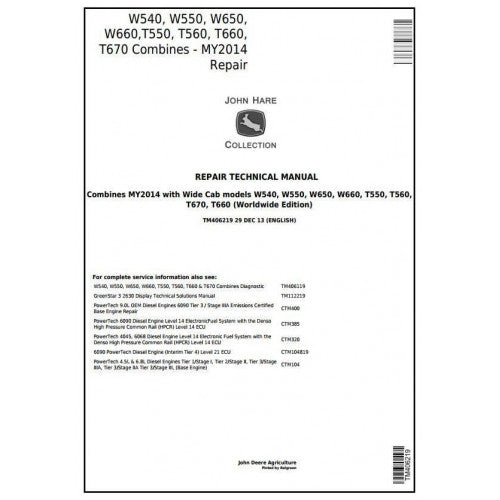 John Deere W540, W550, W650, W660,T550, T560, T660, T670 Combines Service Repair Technical Manual Pdf TM406219