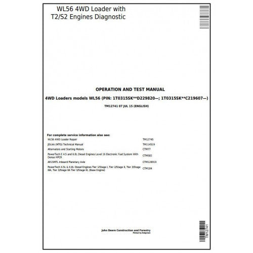 John Deere WL56 4WD Loader Diagnostic, Operation and Tests Service Manual Pdf - TM12741