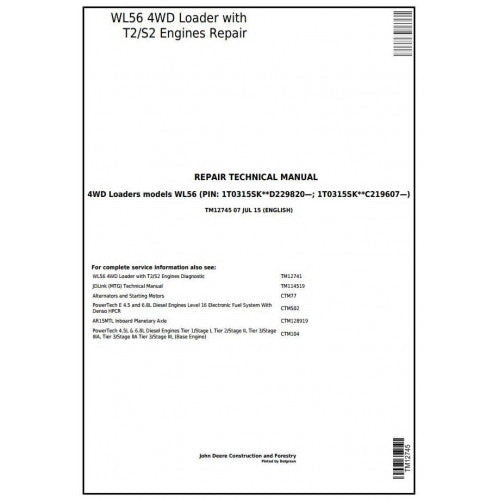 John Deere WL56 4WD Loader Pdf Repair Service Technical Manual TM12745