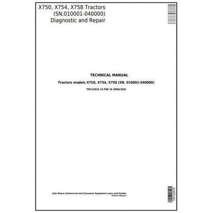 John Deere X750, X754, X758 Signature Series Tractors Pdf Repair Service Technical Manual TM122819