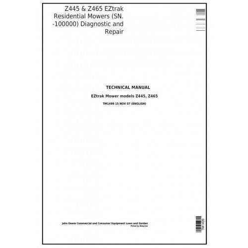 John Deere Z445, Z465 Eztrak Riding Lawn Residential Mower Pdf Repair Service Technical Manual TM1499