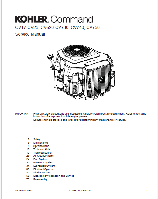 Kohler Engine CV17-CV25, CV620-CV730, CV740, CV750 Pdf Service Repair Manual