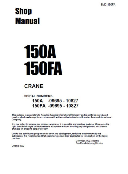 Komatsu 150A, 150FA Hydraulic Crane Pdf Shop Repair Service Manual Sn 09695-10827