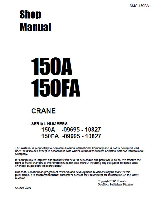 Komatsu 150A, 150FA Hydraulic Crane Pdf Shop Repair Service Manual Sn 09695-10827