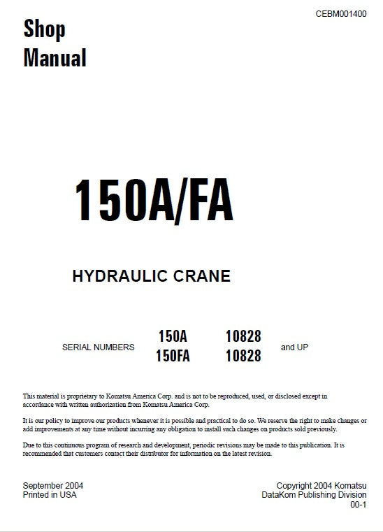 Komatsu 150A, 150FA Hydraulic Crane Pdf Shop Repair Service Manual Sn 10828 & Up