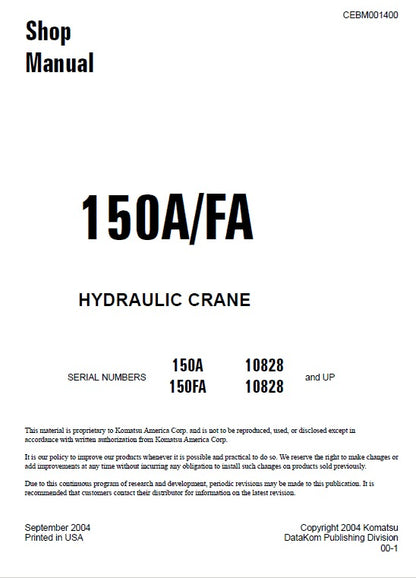 Komatsu 150A, 150FA Hydraulic Crane Pdf Shop Repair Service Manual Sn 10828 & Up